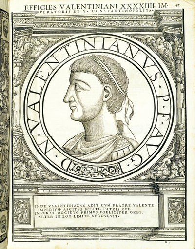 Valentiniano, illustrazione da Imperatorum romanorum omnium orientalium et occidentalium verissimae imagines ex antiquis numismatis, xilografia di Rudolph Wyssenbach, stampata da Andreas Gesner, Zurigo da Hans Rudolf Manuel Deutsch